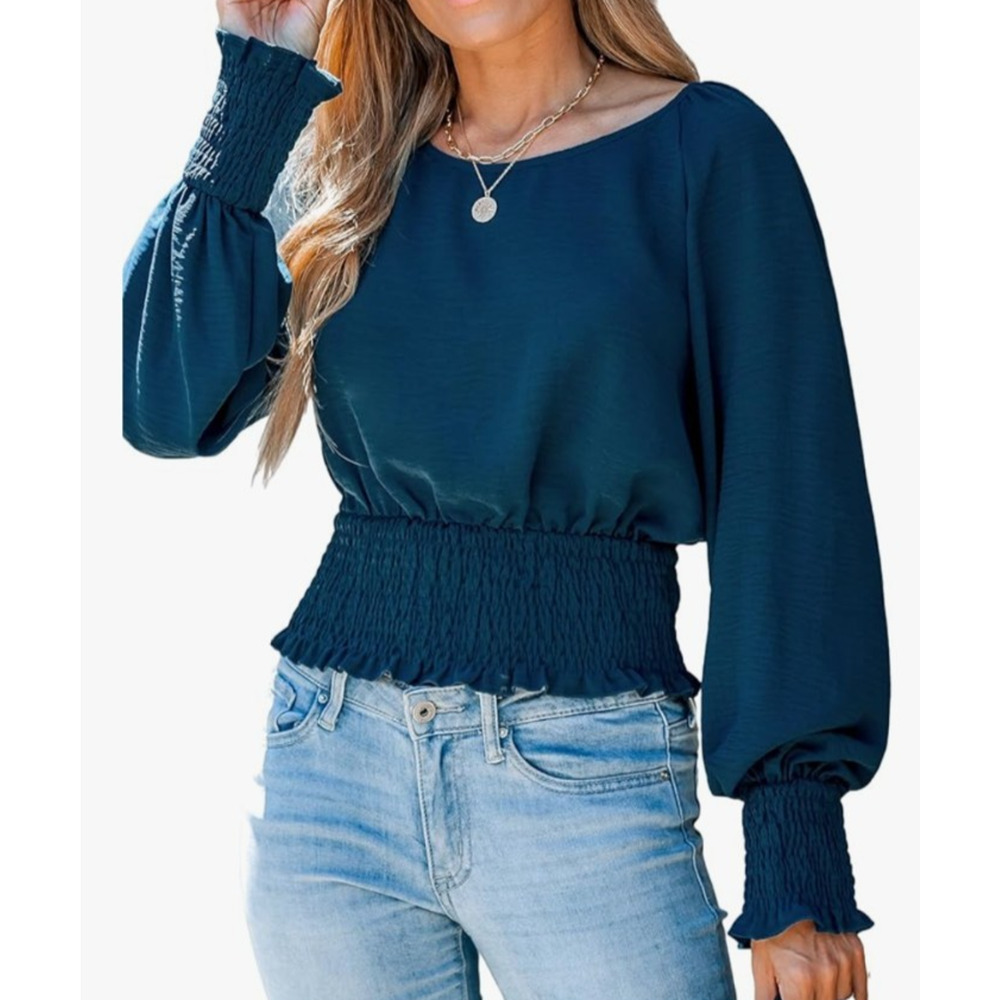 Womens Long Sleeve Shirt Blue Medium Smocked Waist Blouse Vacation Style